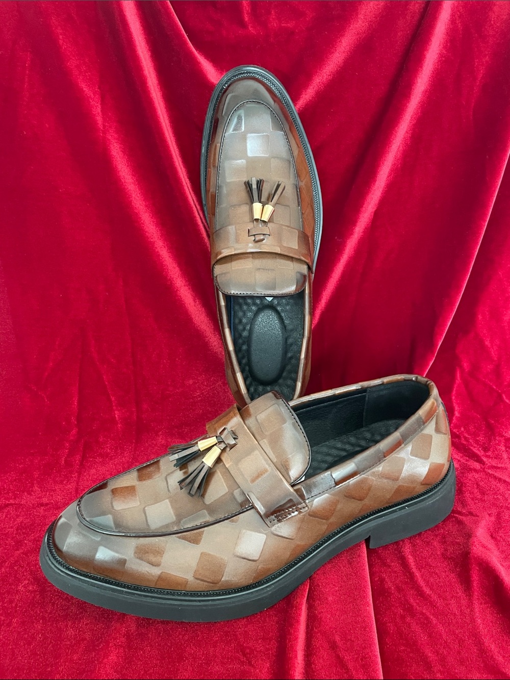 Men's Brown Check-Pattern Tassel Loafers - Slip-On Dress Loafers